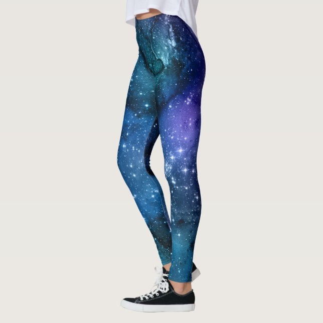 Galaxy Lovers Starry Space Blue Sky White Sparkles Leggings (Left)