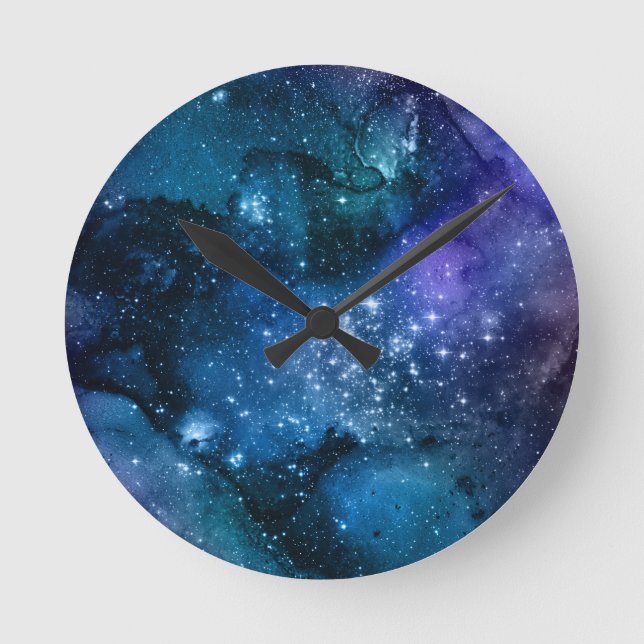 Galaxy Lovers Starry Space Blue Sky White Sparkles Round Clock (Front)