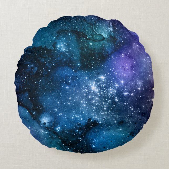Galaxy Lovers Starry Space Blue Sky White Sparkles Round Cushion (Front)