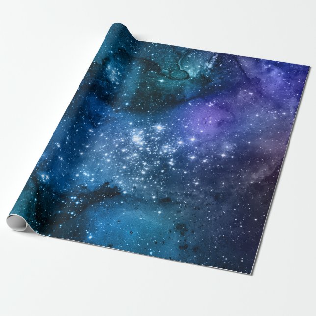 Galaxy Lovers Starry Space Blue Sky White Sparkles Wrapping Paper (Unrolled)