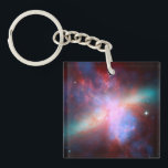 Galaxy M82 Key Ring<br><div class="desc">This image shows a stunning view of a Starburst galaxy produced by space telescopes. M82 is a galaxy about 12 million light years from Earth that is undergoing a burst of star formation. X-rays from Chandra (blue) show gas being blasted away from the galaxy's disc as a bounty of stars...</div>