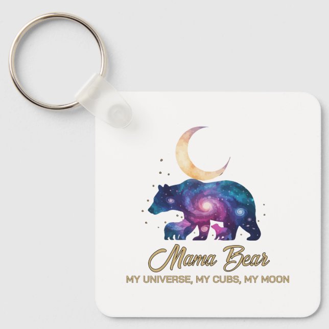 Galaxy Mama Bear & Cubs Moon Silhouette Key Ring (Front)