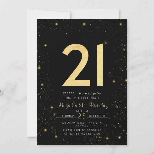 Galaxy Modern Black and Gold 21st Birthday Party Invitation (Front)