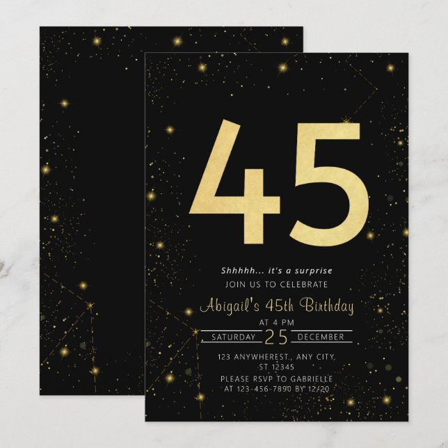 Galaxy Modern Black and Gold 45th Birthday Party Invitation (Front/Back)