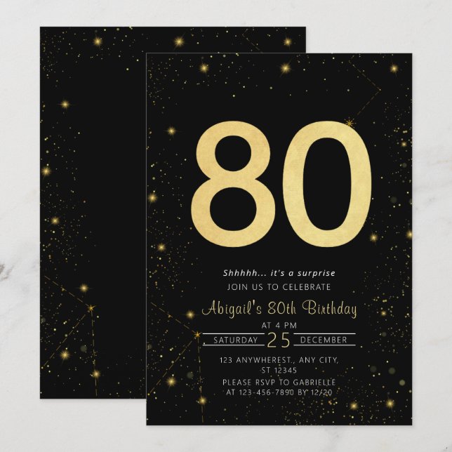 Galaxy Modern Black and Gold 80th Birthday Party Invitation (Front/Back)