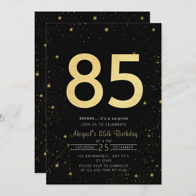 Galaxy Modern Black and Gold 85th Birthday Party Invitation (Front/Back)