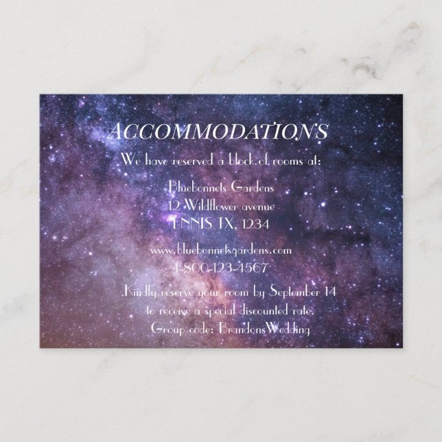 Galaxy Nebula Celestial Wedding Accommodations Enclosure Card (Front)