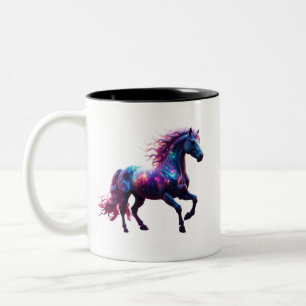 Galaxy Neon Horse Art – Vibrant Space Fantasy Two-Tone Coffee Mug