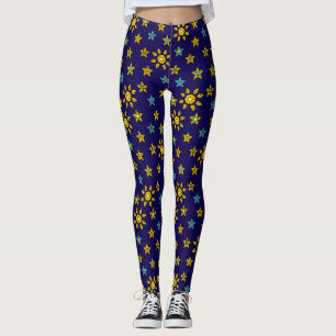Galaxy Orange and Blue Sun and Stars Gems Pattern Leggings