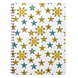 Galaxy Orange and Blue Sun and Stars Gems Pattern Notebook