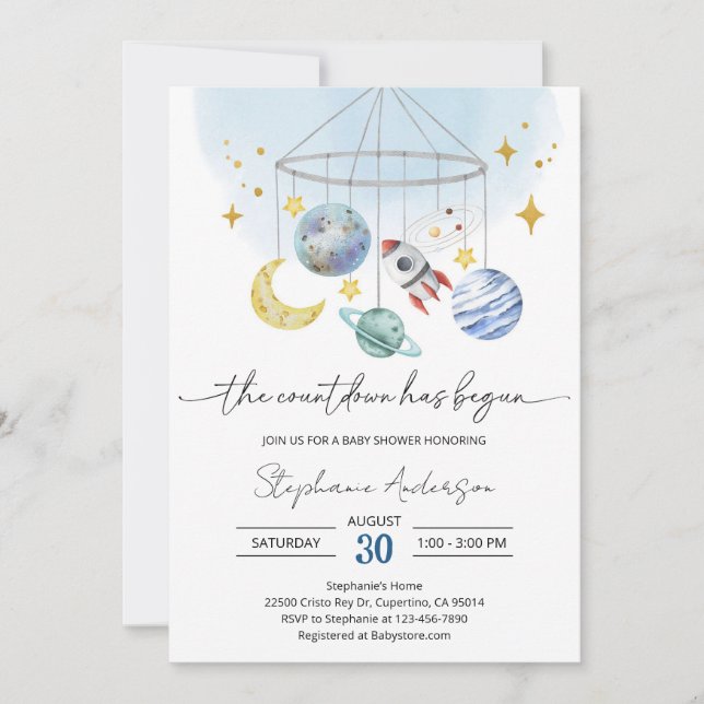 Galaxy Outer Space Blue Baby Shower Invitation (Front)