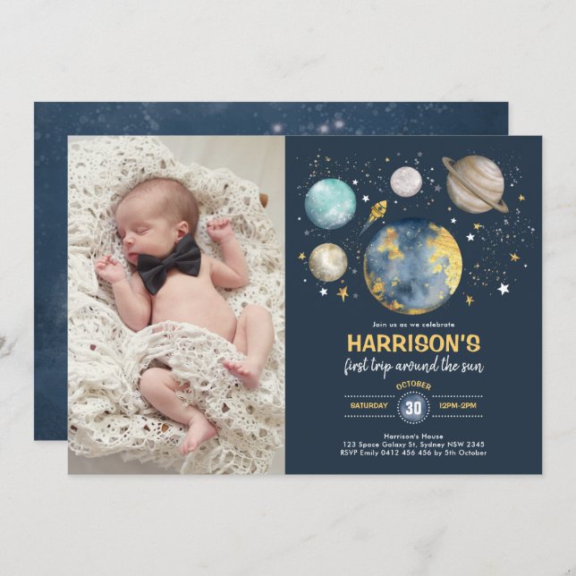 Galaxy Outer Space Moon Stars 1st Birthday Photo Invitation (Front/Back)