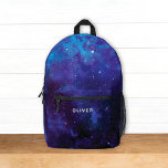 Galaxy Outer Space Universe w/ Name Kids Printed Backpack<br><div class="desc">This fun kids backpack design features a watercolor illustration of deep outer space in shades of dark blue, purple, and cyan. You can customise it with your child's name on the front. If you prefer not to include a name, then simply delete that text. It's a cool modern design for...</div>