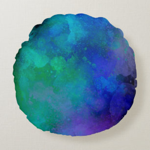 Galaxy Paint Splatter effect Green Blue Round Cushion