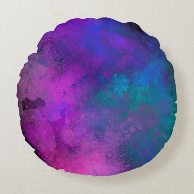 Galaxy Paint Splatter effect pink blue green  Round Cushion (Front)