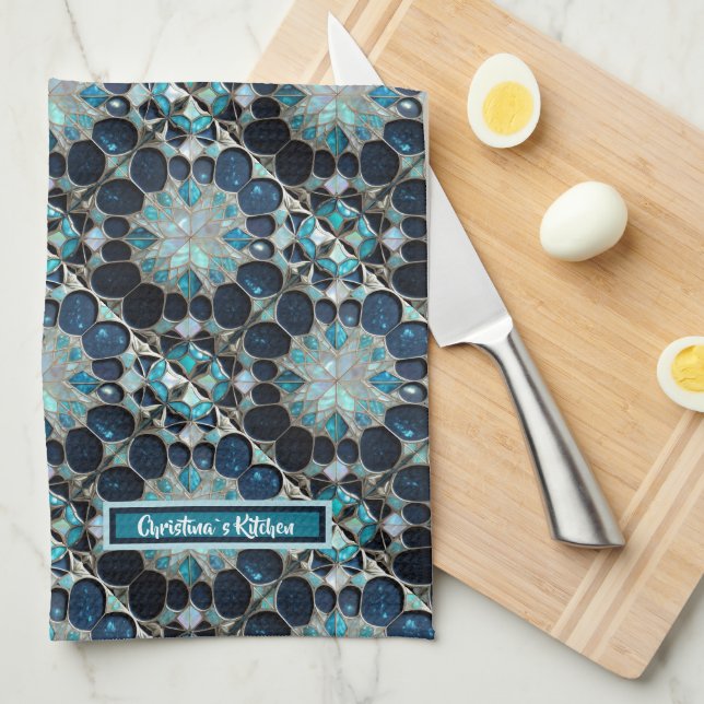 Galaxy pearl snowflakes inspired blue custom name tea towel (Quarter Fold)
