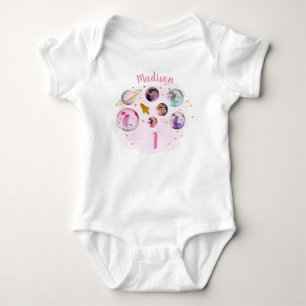 Galaxy Pink Gold Girl Outer Space First Birthday Baby Bodysuit