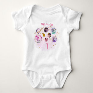 Galaxy Pink Gold Girl Outer Space First Birthday Baby Bodysuit