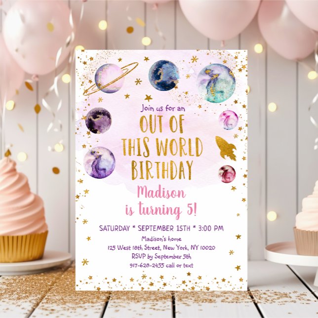 Galaxy Pink Gold Out Of This World Birthday Invitation (Creator Uploaded)