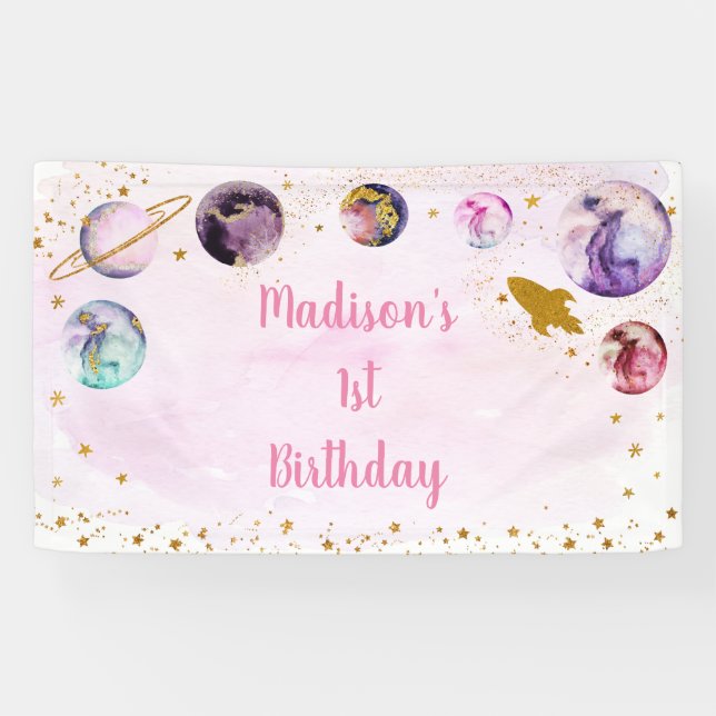 Galaxy Pink Gold Outer Space Birthday Banner (Horizontal)