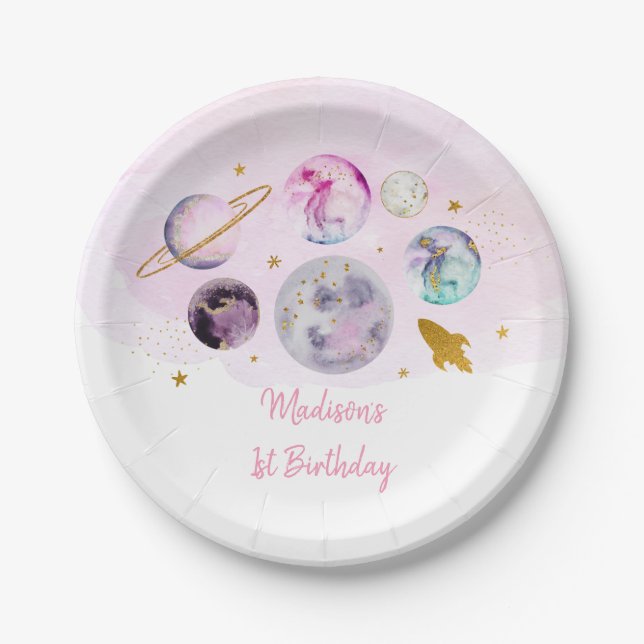 Galaxy Pink Gold Outer Space Birthday Paper Plate (Front)