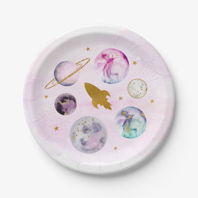 Galaxy Pink Gold Outer Space Birthday Paper Plate (Front)