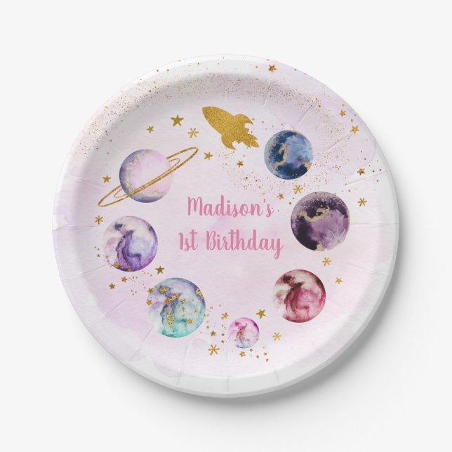 Galaxy Pink Gold Outer Space Birthday Paper Plate (Front)