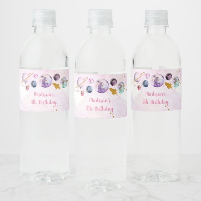 Galaxy Pink Gold Outer Space Birthday Water Bottle Label (Bottles)