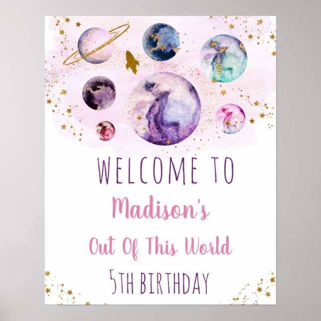 Galaxy Pink Gold Space Birthday Welcome Poster (Front)