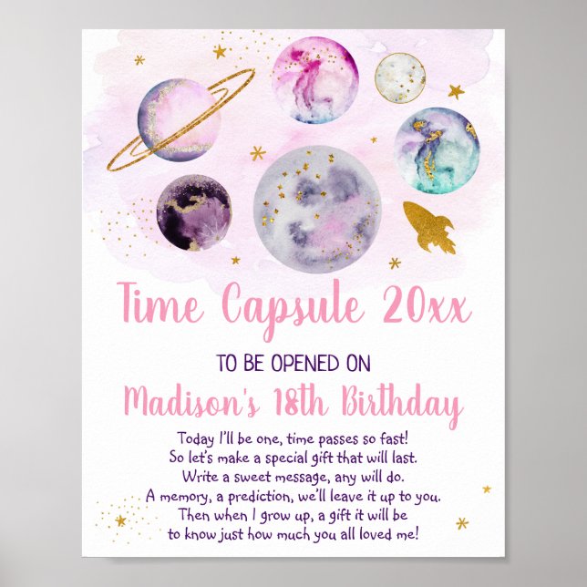 Galaxy Pink Gold Space Time Capsule 1st Birthday Poster (Front)