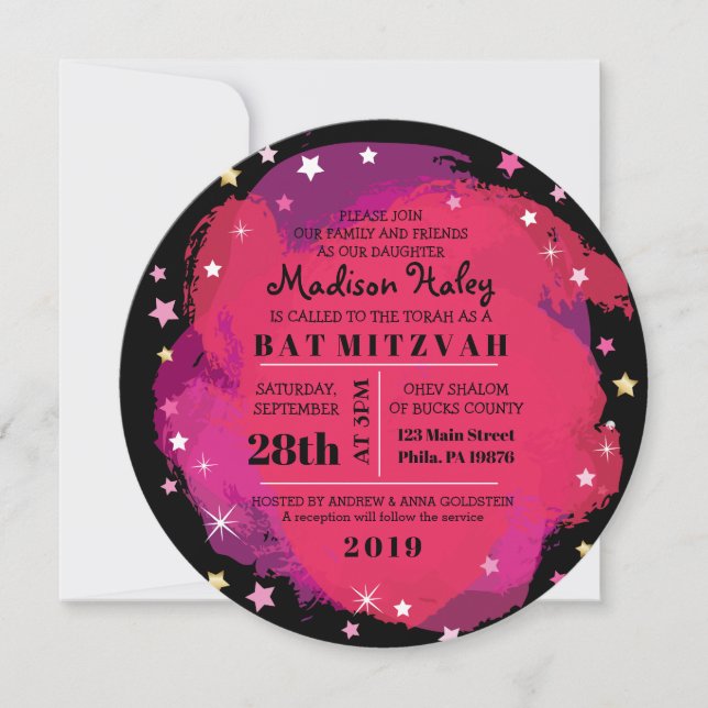 GALAXY Pink Gold Stars Bar Bat Mitzvah Invitation (Front)