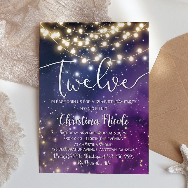 Galaxy Purple Stars String Lights 12th Birthday Invitation (Creator Uploaded)