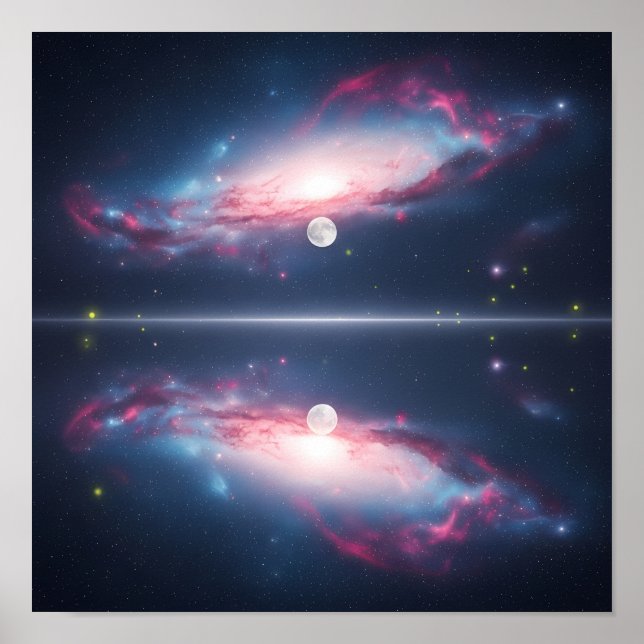 Galaxy Reflection Under Moonlit Cosmic Sky Poster (Front)
