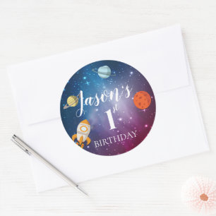 Galaxy Rocket Themed Kids 1st  Birthday Party Clas Classic Round Sticker