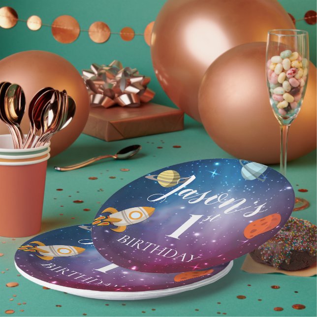 Galaxy Rocket Themed Kids 1st  Birthday Party Paper Plate (Multi)