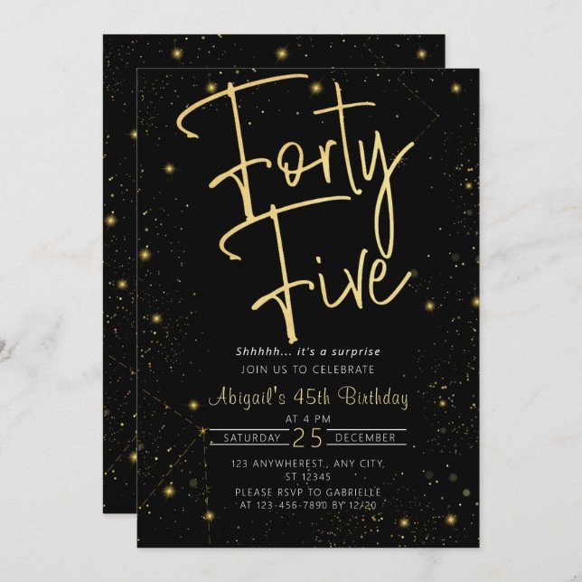 Galaxy Script Black and Gold 45th Birthday Party Invitation (Front/Back)