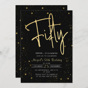 Galaxy Script Black and Gold 50th Birthday Party Invitation