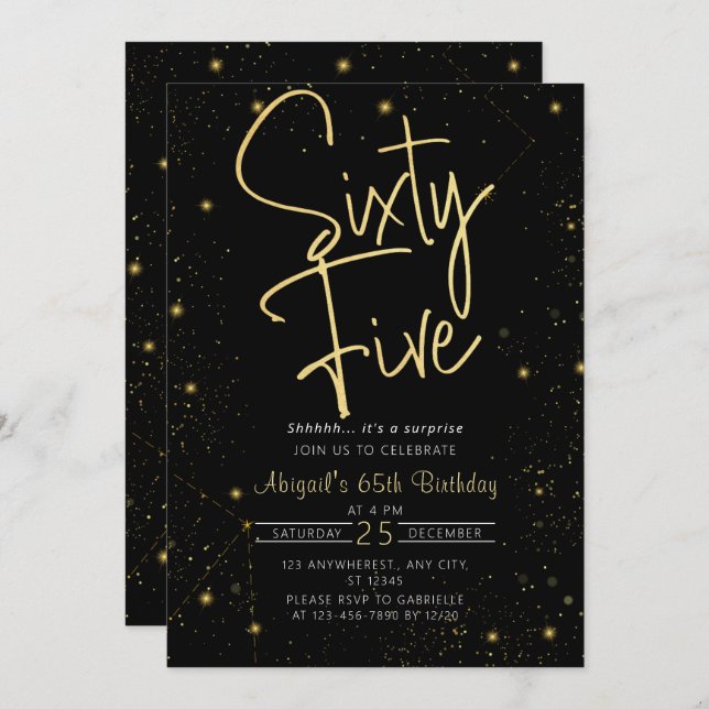 Galaxy Script Black and Gold 65th Birthday Party Invitation (Front/Back)