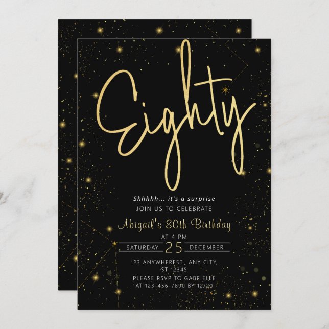 Galaxy Script Black and Gold 80th Birthday Party Invitation (Front/Back)