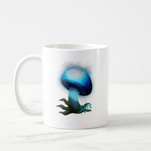 Galaxy Shiitake Glowing Light Blue Mushroom Coffee Mug (Left)