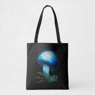 Galaxy Shiitake Glowing Light Blue Mushroom Tote Bag