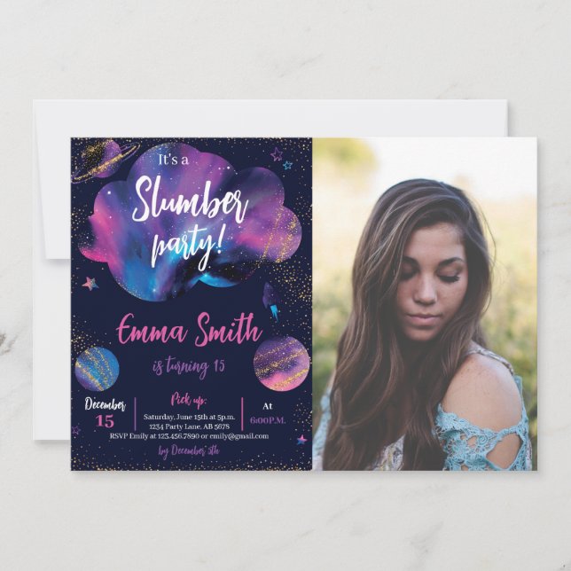 Galaxy Slumber Party Black Photo Invitation (Front)