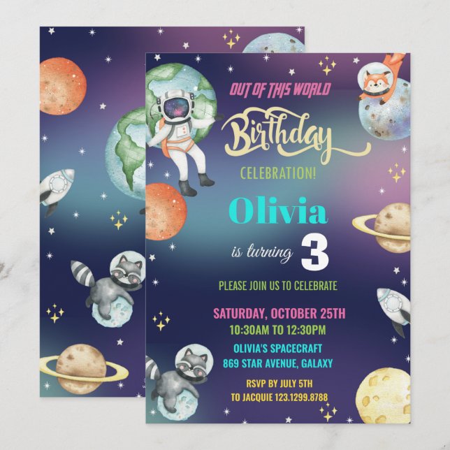 Galaxy Space Astronaut Planets Girl Birthday Party Invitation (Front/Back)