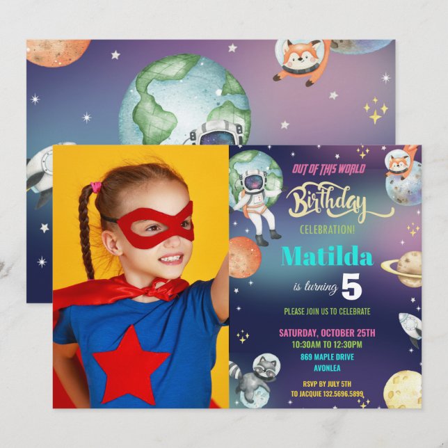 Galaxy Space Astronaut Planets Girl Birthday Photo Invitation (Front/Back)