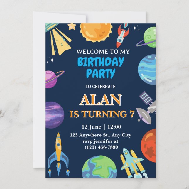 Galaxy space boy birthday invitation (Front)