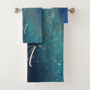 Galaxy Space Nebula Night Sky Green Personalised Bath Towel Set