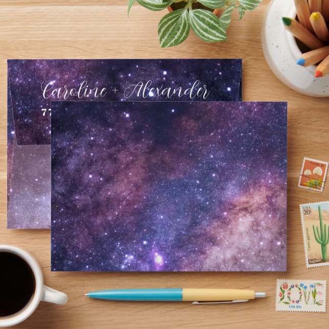 Galaxy Space Purple Stars Return Address Envelope (Desk)