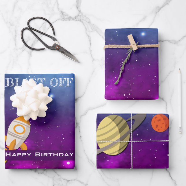 Galaxy Space Themed Birthday Party Wrapping Paper Sheet (Front)
