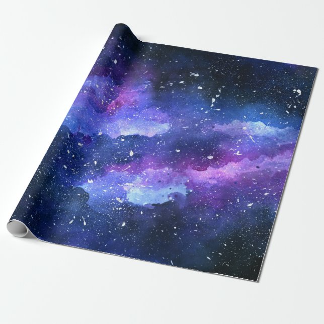 Galaxy Space Universe Watercolor Purple Wrapping Paper (Unrolled)