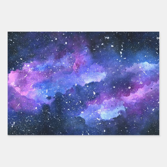 Galaxy Space Universe Watercolor Purple Wrapping Paper Sheet (Front)